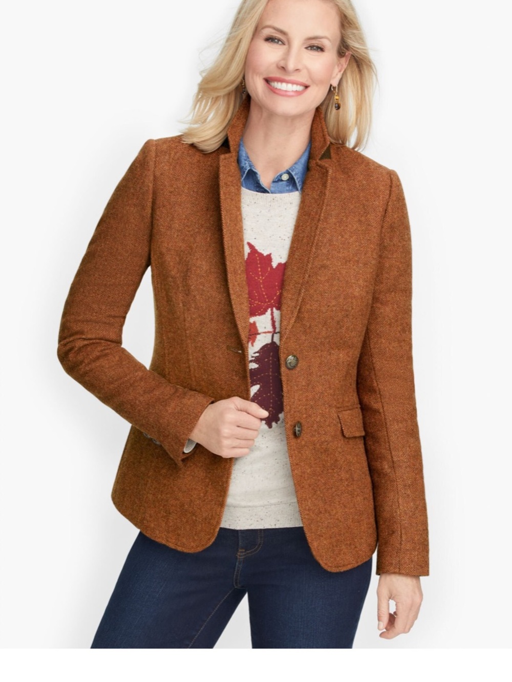 Talbots Classic Shetland Wool Blend Blazer Size 16 Herringbone Rust Orange Brown